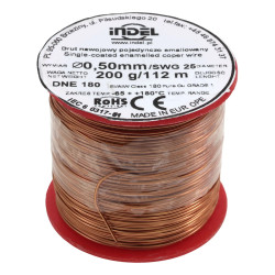 Drut nawojowy emaliowany 0.50mm – miedź nawojowa DNE 180, szpulka 200g / ok. 112m Indel