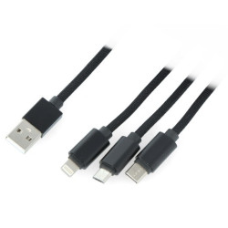 Przewód Lanberg Combo 3w1 USB typ A - microUSB + lightning + USB typ C 2.0 czarny, oplot materiałowy - 1,8m
