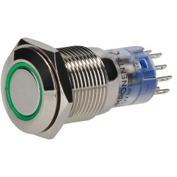 R-TECH 524588 16mm IP67 Vandal Resistant Switch DPDT Grn Ring LED Flush Nickel