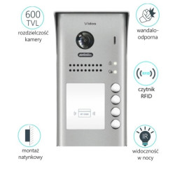 Czteroabonentowa stacja bramowa z wbudowanym czytnikiem zbliżeniowym umożliwiającym otwieranie wejścia za pomocą RFID S1104A