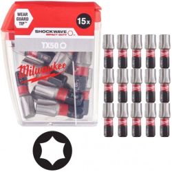 Bity udarowe do wkrętarki TORX TX50 25mm 1/4" SHOCKWAVE 15szt MILWAUKEE