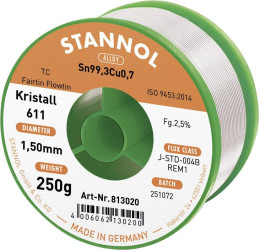 Cyna lutownicza bezołowiowa Stannol Kristall 611 Fairtin bezołowiowa Sn99,3Cu0,7 REM1 250 g 1.5 mm