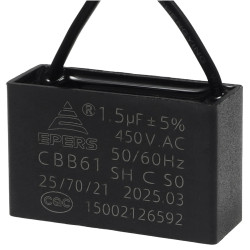 Kondensator rozruchowy do silnika 1.5uF 450VAC, przewody 20cm, 37x13.5x24mm