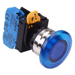 YW4L-A4E10Q3S Blue 12V illuminated 22mm Metal Bezel Mushroom Maintained Push Button Switch NO IP65 IDEC