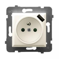 ARIA Gniazdo pojedyncze z uziemieniem z przesłonami torów prądowych, z ładowarką USB Ecru GP-1UZPUSB/m/27