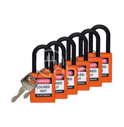 Kłódka bezpieczeństwa LOTO, z nylonową szeklą (38 mm), pomarańczowa (6 szt.),...