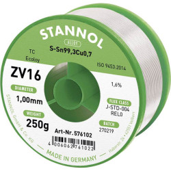 Stannol 576102 ZV16 Solder Wire Lead-Free Sn99.3Cu0.7 250g 1mm Flux-Filled