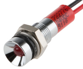 Lampka kontrolna do montażu panelowego 24V dc, czerwona 6mm LED Chrom Wyprowadzenia RS PRO