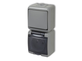 JUNIOR IP54 Wyłącznik pojedynczy z gniazdem pojedynczym z uziemieniem (klapka dymna: bez przesłon) popielaty0WGHP-1d KARLIK