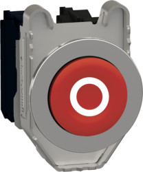Pushbutton, labeled O, unlit, groping, 1 Form A (N/O) + 1 Form B (N/C), waistband round, red, front ring metal, mounting Ø 30.5