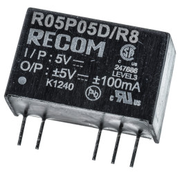 Przetwornica DC-DC, 1W, Uwe 4,5 → 5,5 V DC, Uwy ±5V dc, Iwy ±100mA, Recom