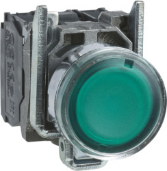 Pushbutton, illuminable, groping, 1 Form A (N/O) + 1 Form B (N/C), waistband round, green, front ring silver, mounting Ø 22 mm,