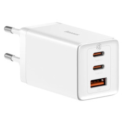 Szybka ładowarka sieciowa GaN 2xUSB C 1xUSB 65W Baseus GaN5 Pro + kabel USB C - USB C 100W - biała