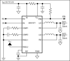 Dual, 180° Out-of-Phase, 1.4MHz, 750mA Step-Down Regulator with POR and RSI/PFO
