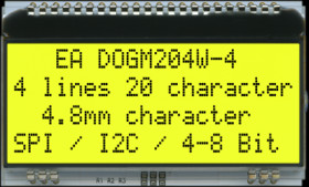 LCD text display, 4 x 20 character, FSTN, viewing area: 63 x 26 mm, EA DOGM204W-A