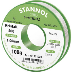 Stannol 811028 Kristall 600 Solder Lead-free Sn99.3Cu0.7 1mm 100g REL0