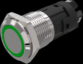 Vandal-proof pushbutton, silver, illuminated  (green), mounting Ø 16 mm, IP65/IP67, 82-4552.1133