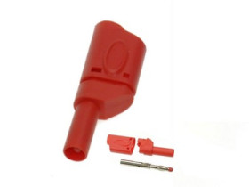 Wtyk bananowy; 4mm; 25.502.1; czerwony; bezpieczny; 54mm; wtykany (gniazdo bananowe 4mm); lutowany; 32A; 1000V; mosiądz niklowan