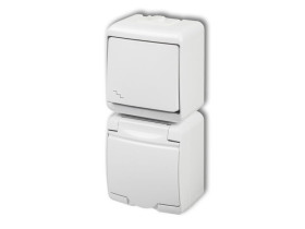 JUNIOR IP54 Wyłącznik schodowy z gniazdem pojedynczym z uziemieniem schuko (klapka biała: bez przesłon) biały WGHP-3s KARLIK