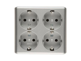 SIMON 54 Gniazdo poczwórne schuko n/t z przesłonami torów prądowych wersja skandynawska zaciski śrubowe srebrny mat EGSZ4NZ/43 K