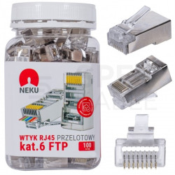 Wtyk modularny RJ45 8P8C kat.6 ekranowany FTP uniwersalny drut linka przelotowy NEKU opakowanie SŁOIK 100szt.