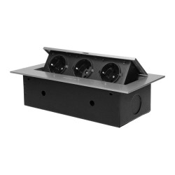 Gniazdo meblowe wpuszczane w blat z płaskim rantem, 3x2P+Z (Schuko), srebrne,OR-AE-1371(GS)/G