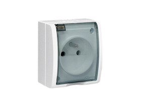 AQUARIUS Gniazdo pojedyncze z uziemieniem bryzgoszczelne IP54 klapka transparentna 16A 250V zaciski śrubowe białe AQGZ1/11A KONT
