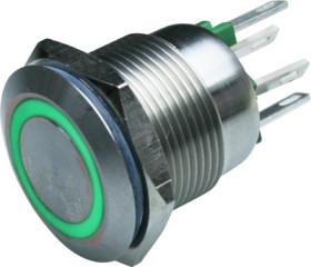 Vandal-proof pushbutton, 2 pole, silver, illuminated  (green), 0.05 A/24 V, mounting Ø 19.2 mm, IP66, MPI002/28/GN