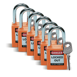 Kłódka zabezpieczająca średnica szekli: 6.35mm Brady z kluczem W budynkach, na zewnątrz nylonowo-stalowa Pomarańczowy