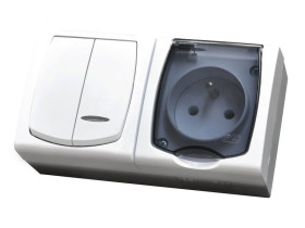 MADERA Zestaw wyłącznik dwugrupowy świecznikowy z podświetleniem + gniazdo pojedyncze wieczko przezroczyste biały ZH-NŁ2SG/00/d