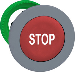 Pushbutton, labeled STOP, unlit, groping, waistband round, red, front ring light gray, mounting Ø 30.5 mm, ZB5FA434C0