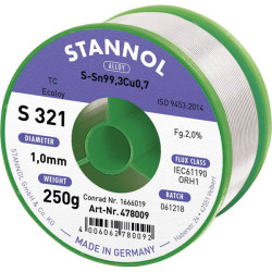 Stannol 631922 S321 Solder Lead-Free Sn99Cu0.7 1mm 250g Reel