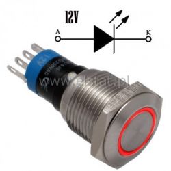 Przycisk chwilowy 16mm płaski LED czerw.metal 12V