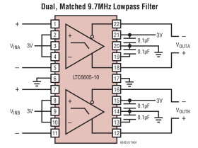 Dual Matched 10MHz Filter with Low Noise, Low Distortion Differential Amplifier