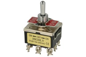 Przełącznik; dźwigniowy; T-33BS; 3*3; ON-OFF-ON; 3 tory; 3 pozycje; bistabilny; na panel; śrubowe; 15A; 250V AC; czarny; 29mm; H
