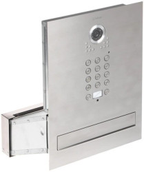 Skrzynka na listy z wideodomofonem, przelotowa, dwulokatorska, jednowrzutowa wykonana z frezowanej stali szlachetnej, wbudowany