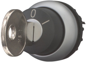Key selector switch, key selector switch, unlit, groping, waistband round, black, front ring silver gray, 40°, trigger position