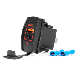 Ładowarka samochodowa USB + USB-C wodoodporna, szybkie ładowanie QC3.0 12V 24V AMIO-04229