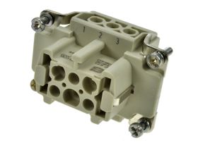 Gniazdo; Han E; 09330062701; 6 torów; 6B; poliwęglan; proste; śrubowy; 16A; 500V; szary; srebrzone; 0,75÷2,5mm2; IP65; Harting;