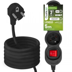 Przedłużacz Sieciowy Kabel z Uziemieniem Listwa Zasilająca 3 Gniazda 5m Włącznik ON/OFF Czarny Sznur Lendo Lumiled