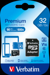MicroSDHC card, 32 GB, with SD adapter, black, Verbatim 44083