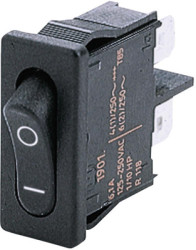 Rocker switch, black, 1 pole, On-Off, off switch, 6 (2) A/250 VAC, 4 (1) A/250 VAC, IP40, unlit, printed, 1901.1103