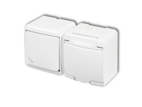 JUNIOR IP54 Wyłącznik schodowy z gniazdem pojedynczym z uziemieniem schuko (klapka biała: bez przesłon) biały WGHH-3s KARLIK