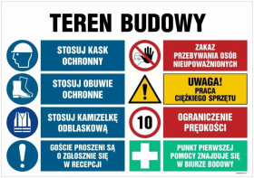 ZNAK - OI023 Teren budowy, Stosuj kask ochronny, Zakaz przebywania osób nieupoważnionych, Stosuj obuwie ochronne, 100 x 75 cm FN