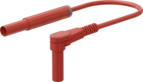 Safety measuring lead with (4 mm lamella plug, straight) to (4 mm lamella plug, angled), 1 m, red, PVC, 1.0 mm², CAT III, CAT IV