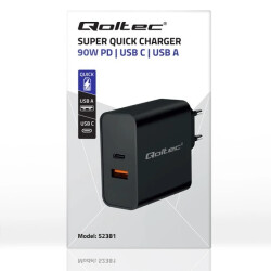 Qoltec Ładowarka Super Quick PD 1xUSB-C 1xUSB 90W 5-20V 2.4-4.35A Laptop Smartfon Czarna