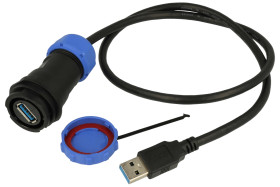Gniazdo z przewodem; USB 3.0; SY2511C/SUSB3.0-06M; wtyk USB C z przewodem 0,6m; proste; czarny; skręcane; IP67; plastik; Weipu;