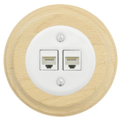 Gniazdo Ethernet Cat6 x2 okrągłe białe z ramką jasne drewno, montaż podtynkowy, Ceramic Loft