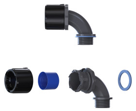 Łącznik do kanałów kablowych Flexicon gwint M40 42mm Kolanko 90° Nylon 66 IP66, IP67, IP68, IP69 Czarny, szary