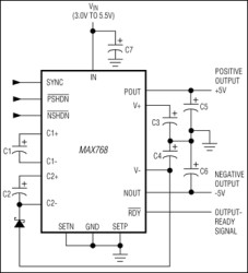 Low-Noise, Dual-Output, Regulated Charge Pump for GaAsFET, LCD, and VCO Supplies
